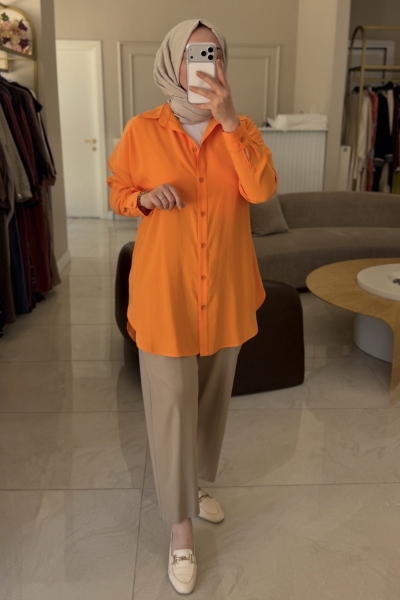 Tıg Trıko Orange Saten Yüzlü Oversize Gömlek