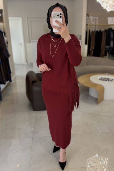 Tıg Trıko Bordo Püskül Detaylı Rayon Takım