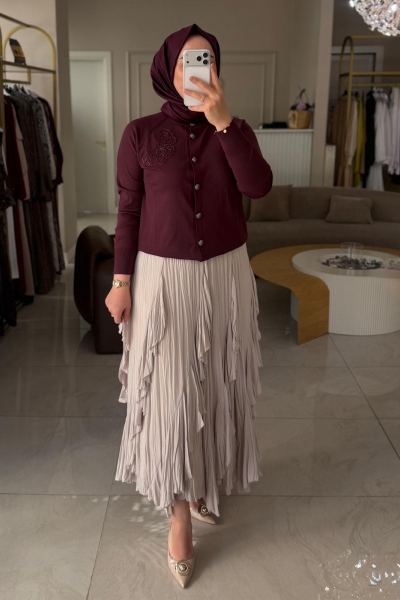 Nuss Bordo Boncuk İşleme Hırka 600