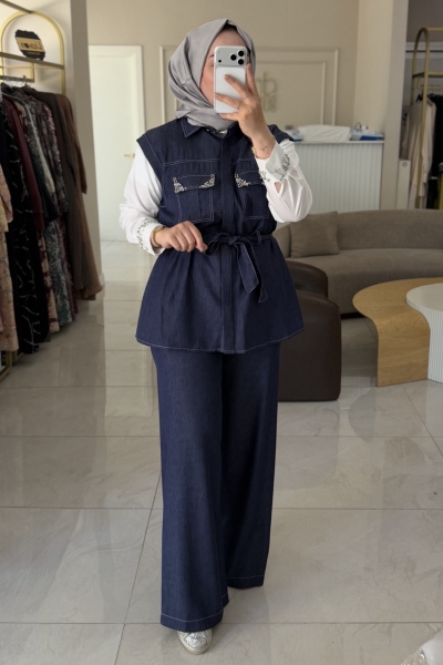 Jenne Premium Jean Yelekli Taş İşlemeli 3 Lü Takım