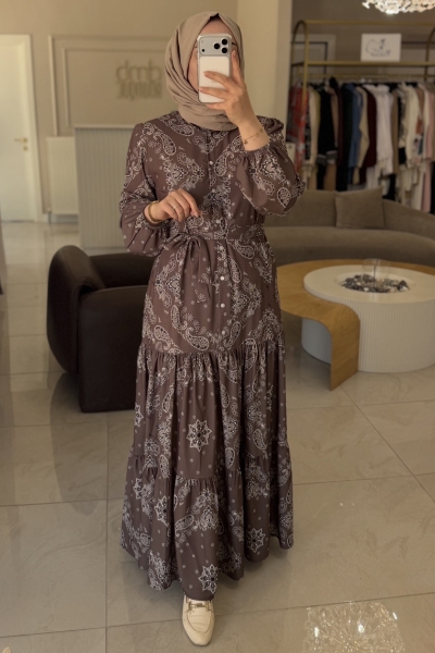 Merwish Kahverengi Estate Desen Elbise 1799