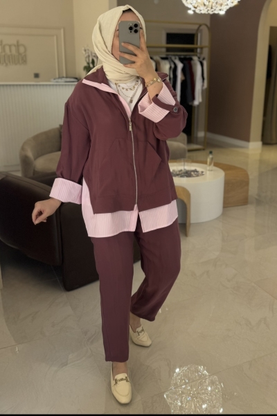 Bordo Çizgili Fermuar Detaylı Takım