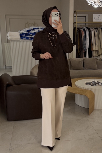 Nuss Kahverengi Triko Mixli Kupra Tunik